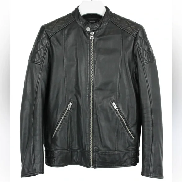 Diesel vintage Black sheepskin Leather Jacket with Quilted Shoulders